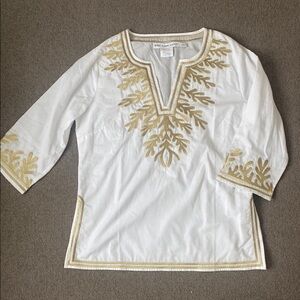 Gretchen Scott White and Gold Embroidered Women's TunicTop sz L NWOT